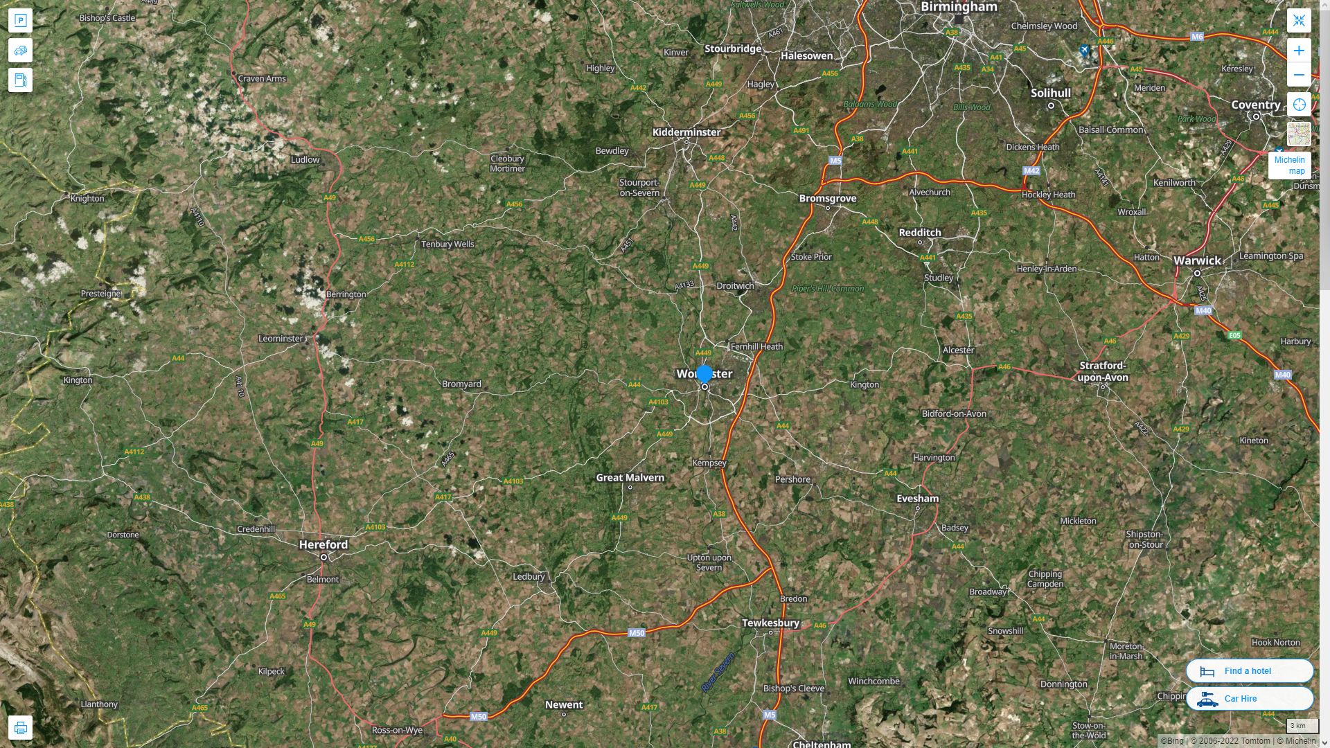 Worcester Royaume Uni Autoroute et carte routiere avec vue satellite
